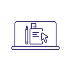 Learning on laptop line icon. Book, pen, cursor, computer screen. Online education concept. Vector illustration can be used for topics like progress, modern world, education system