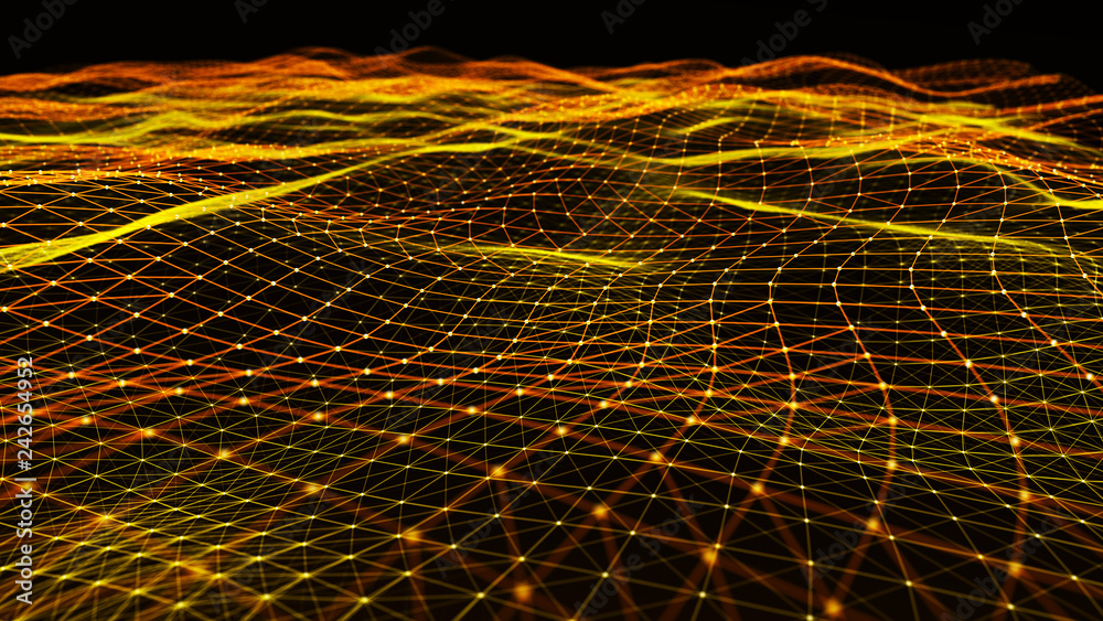 Poster Abstract digital background with cybernetic particles. Plexus geometric effect Big data with compounds. Musical wave of particles. Low poly mesh. Flow. Wave. 3D rendering.