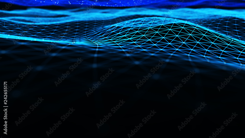 Poster Abstract digital background with cybernetic particles. Plexus geometric effect Big data with compounds. Musical wave of particles. Low poly mesh. Flow. Wave. 3D rendering.