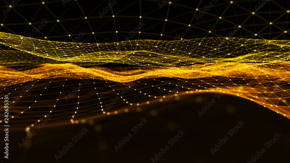 Poster Abstract digital background with cybernetic particles. Plexus geometric effect Big data with compounds. Musical wave of particles. Low poly mesh. Flow. Wave. 3D rendering.