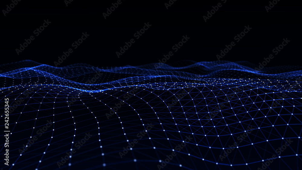 Poster Abstract digital background with cybernetic particles. Plexus geometric effect Big data with compounds. Musical wave of particles. Low poly mesh. Flow. Wave. 3D rendering.