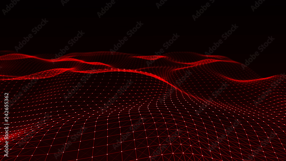 Poster Abstract digital background with cybernetic particles. Plexus geometric effect Big data with compounds. Musical wave of particles. Low poly mesh. Flow. Wave. 3D rendering.