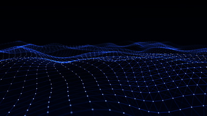 Abstract digital background with cybernetic particles. Plexus geometric effect Big data with compounds. Musical wave of particles. Low poly mesh. Flow. Wave. 3D rendering.