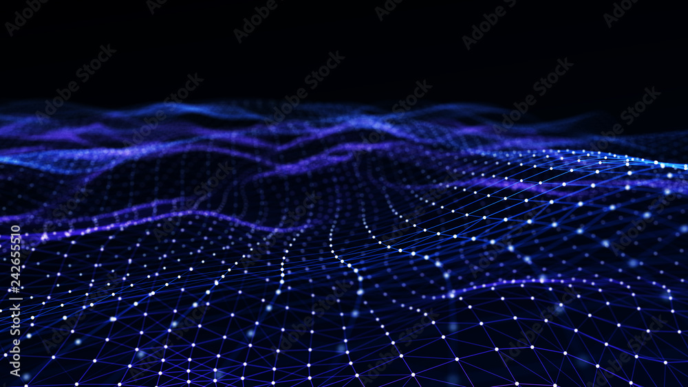 Poster Abstract digital background with cybernetic particles. Plexus geometric effect Big data with compounds. Musical wave of particles. Low poly mesh. Flow. Wave. 3D rendering.