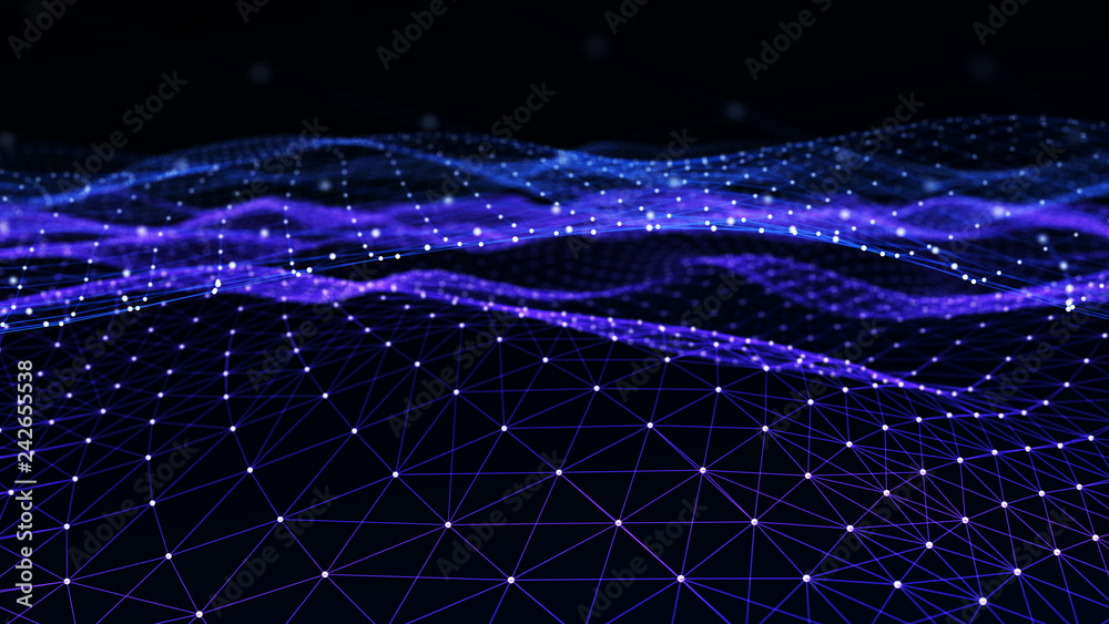 Poster Abstract digital background with cybernetic particles. Plexus geometric effect Big data with compounds. Musical wave of particles. Low poly mesh. Flow. Wave. 3D rendering.