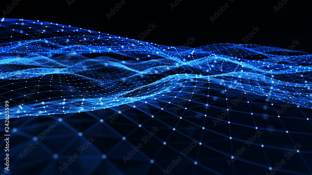 Poster Abstract digital background with cybernetic particles. Plexus geometric effect Big data with compounds. Musical wave of particles. Low poly mesh. Flow. Wave. 3D rendering.