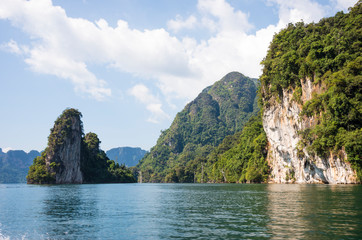 Landscape in Khao SOK national Park. Mountains and lake on a Sunny day