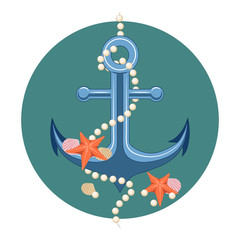 Color vector image of anchor with shells, starfish and pearls.