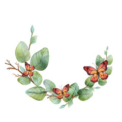 Watercolor round wreath with silver dollar eucalyptus and butterfly.