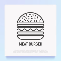 Meat burger thin line icon. Modern vector illustration of fast food.