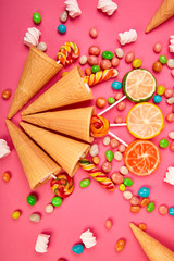 Ice cream waffles cones with colorful candy