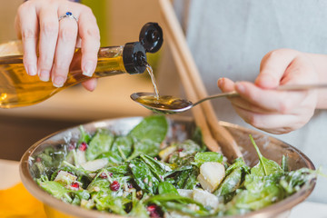 Recipe for making salad from fresh pear, pomegranate, spinach, walnut, cheese and dried cranberries in pictures - step by step instructions