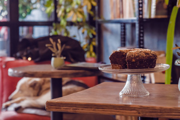 Slices of Chocolate Cake Served in a Glass Dish