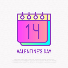 Calendar with 14 February, Valentine's day. Thin line icon. Modern vector illustration.