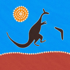 Australian Aboriginal styled dot painting artwork of a kangaroo. Original digital illustration.