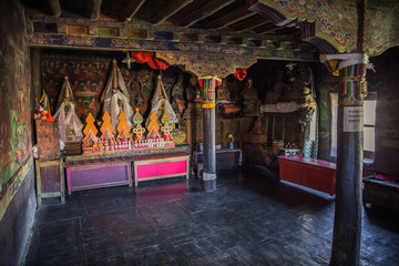 Fototapeta na wymiar Small memorial stupas on altar of Lamayuru gompa monastery, Ladakh, India