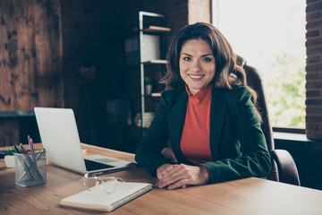 Close up photo of attractive middle-aged she her business lady w