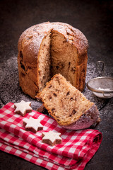Chocolate panettone. Panettone is the traditional Italian dessert for Christmas. Panettone cut.