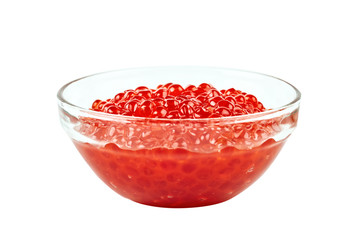 Red caviar in a glass container. Isolated object on white background.