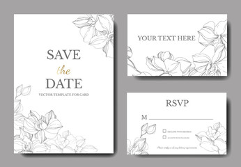 Vectoro Orchid flower. Engraved ink art. Wedding background border. Thank you, rsvp, invitation elegant illustration.