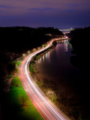 Night view of Clifton Suspension Bridge and Avon Gorge from near the Sea Walls, Bristol, UK