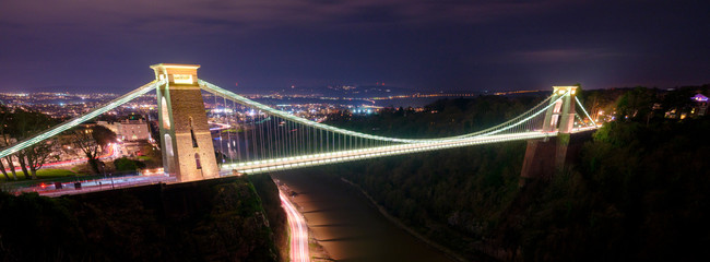 Night view of Clifton Suspension Bridge and Avon Gorge from near the Observatory, Bristol, UK