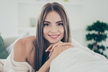 Close up portrait of wonderful pretty brunette she her lady lean