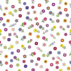 Seamless pattern with different spring flowers. Isolated elements on a white background.