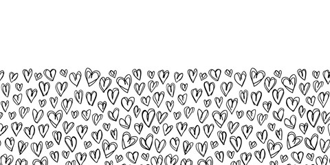 Hand Drawn Doodle Black and White Hearts Valentine's Day Vector Seamless Border. Line Drawing Background