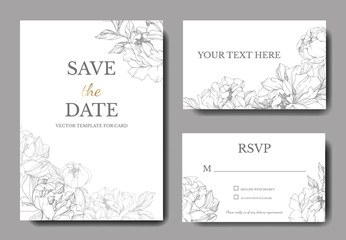 Fototapeta na wymiar Vector Silver peony flower. Engraved ink art. Wedding background. Thank you, rsvp, invitation elegant card set.
