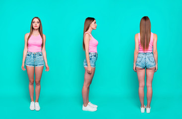 Triple vertical full body length images of the same serious girl © deagreez