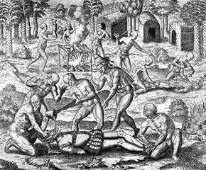 conquest of the Inca empire by Spanish conquistador Francisco Pizarro in XVI century: aborigines throw liquid gold into the throat of a Spanish soldier, white other indians cook human flesh