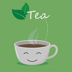 Cute character cup of tea on isolated green background