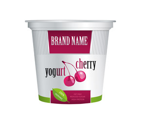 Packaging template yogurt with cherry. Vector isolated on white background. Plastic container for cherry yogurt and dessert.