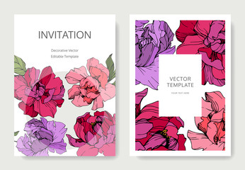 Vector Purple and pink peony. Engraved ink art. Wedding background card. Thank you, rsvp, invitation card.