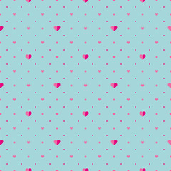 Seamless vector pattern of pink hearts on a turquoise background. Festive background for cards for Valentine's Day or wedding.