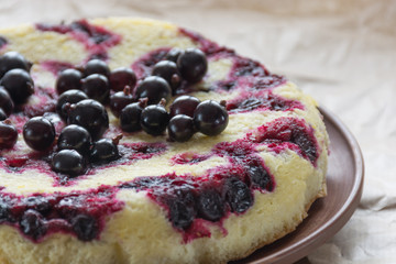 Close up of homemade berry cake on brown plate and baking paper. Shallow focus. Soft light