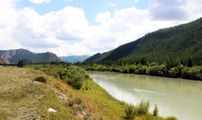 Fototapeta na wymiar Altai Krai, natural river on the background of mountains