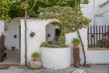 Fototapeta na wymiar Well of brick, painted white in a beautiful Andalusian patio, Spain