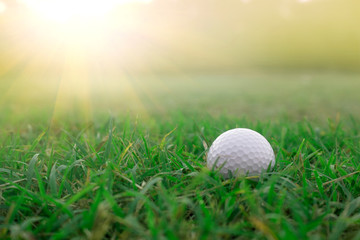 Golf balls on green lawns in beautiful golf courses with sun rise background.