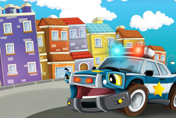 cartoon scene with police car driving through the city illustration for children