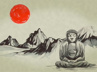 Japan traditional sumi-e painting. Watercolor and ink illustration in style sumi-e, u-sin. Fuji mountain, sakura, sunset. Japan sun. Indian ink illustration. Japanese picture.