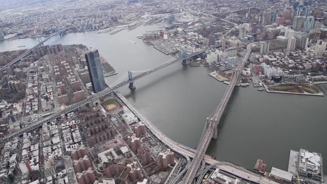 Aerial view of Brooklyn, Manhattan and Williamsburg Bridges from helicopter