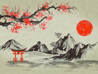 Japan traditional sumi-e painting. Watercolor and ink illustration in style sumi-e, u-sin. Fuji mountain, sakura, sunset. Japan sun. Indian ink illustration. Japanese picture.