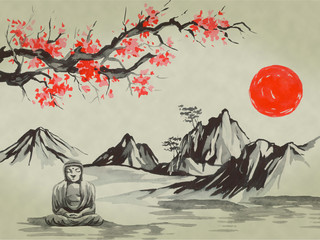 Japan traditional sumi-e painting. Watercolor and ink illustration in style sumi-e, u-sin. Fuji mountain, sakura, sunset. Japan sun. Indian ink illustration. Japanese picture.