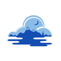 Nature by night with trees, mountains, lake and moon