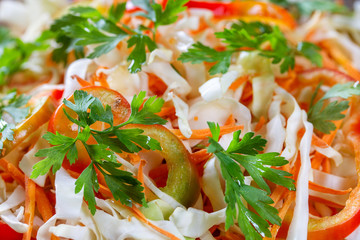 Vegetarian salad of fresh raw vegetables (white cabbage, carrots, red sweet pepper) with parsley. The concept of healthy eating. Background