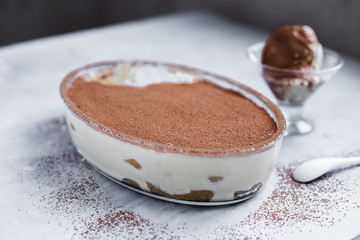 Italian Tiramisu dessert homemade selective focus