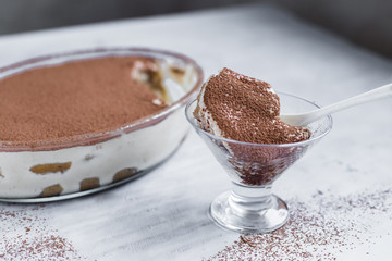 Italian Tiramisu dessert homemade selective focus