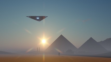 3d UFO hanging in the sky over the ancient pyramidsv

